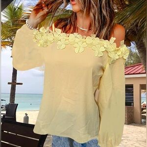 Yellow Lace Crochet Off-the-Shoulder Blouse